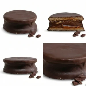 Alfajor de chocolate negro cortado al medio con relleno de dulce de leche, Dibble