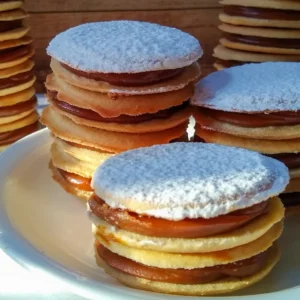 Alfajores de maicena apilados con dulce de leche y azúcar impalpable, Dibble